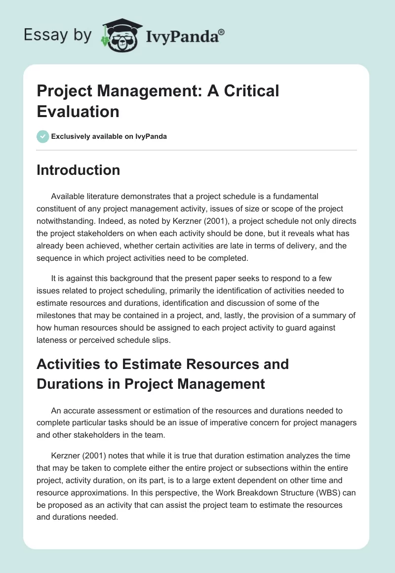 Project Management: A Critical Evaluation. Page 1