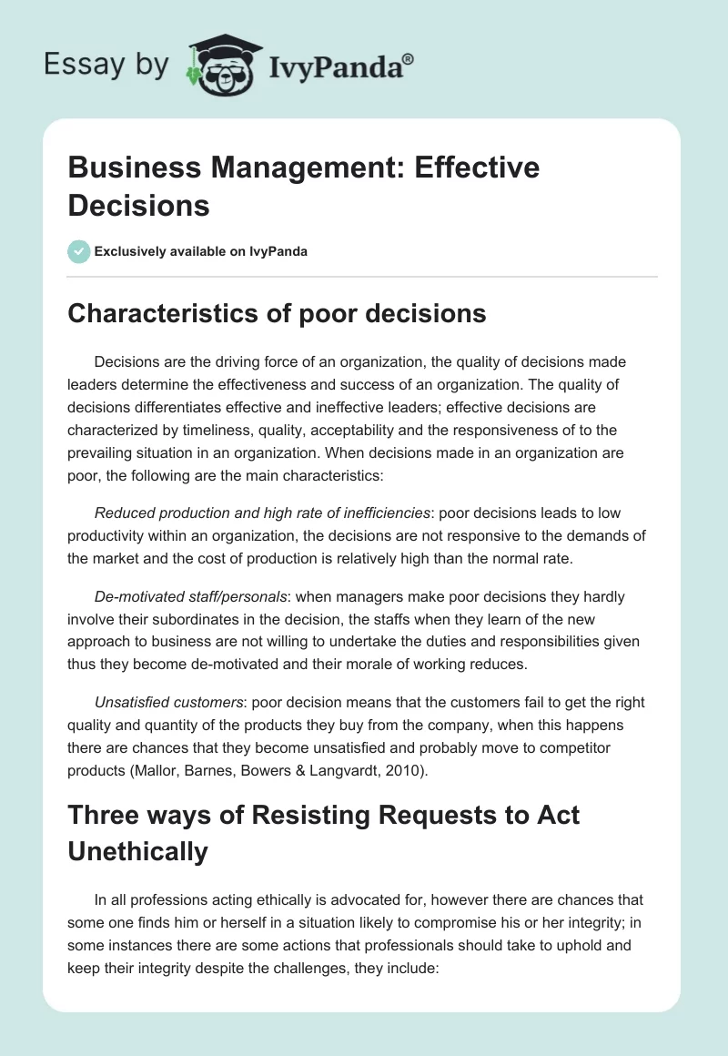 Business Management: Effective Decisions. Page 1
