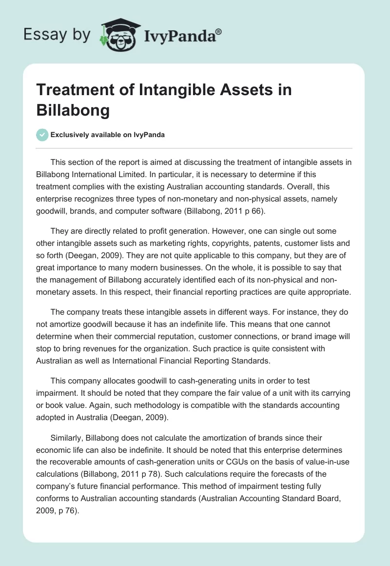 Treatment of Intangible Assets in Billabong. Page 1