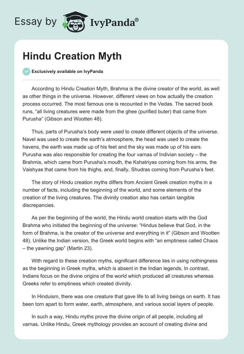 Hindu Creation Myth. Page 1