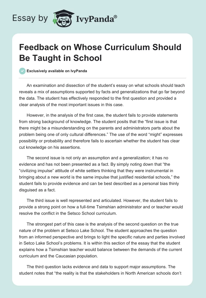 Feedback on Whose Curriculum Should Be Taught in School. Page 1