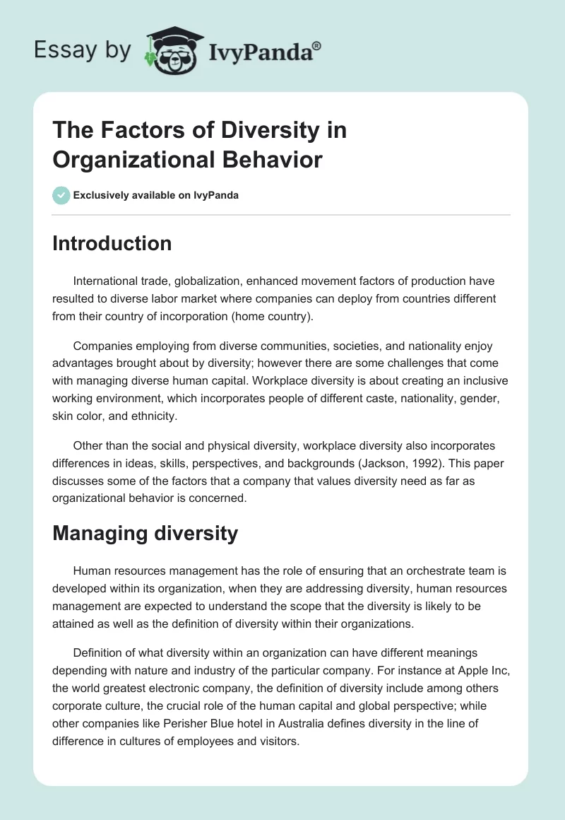 The Factors of Diversity in Organizational Behavior. Page 1