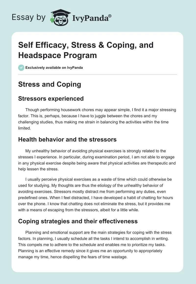 Self Efficacy, Stress & Coping, and Headspace Program. Page 1
