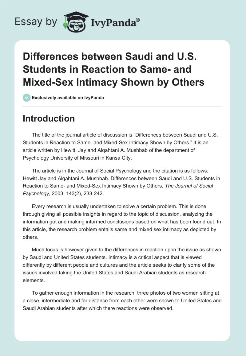 Differences between Saudi and U.S. Students in Reaction to Same- and Mixed-Sex Intimacy Shown by Others. Page 1