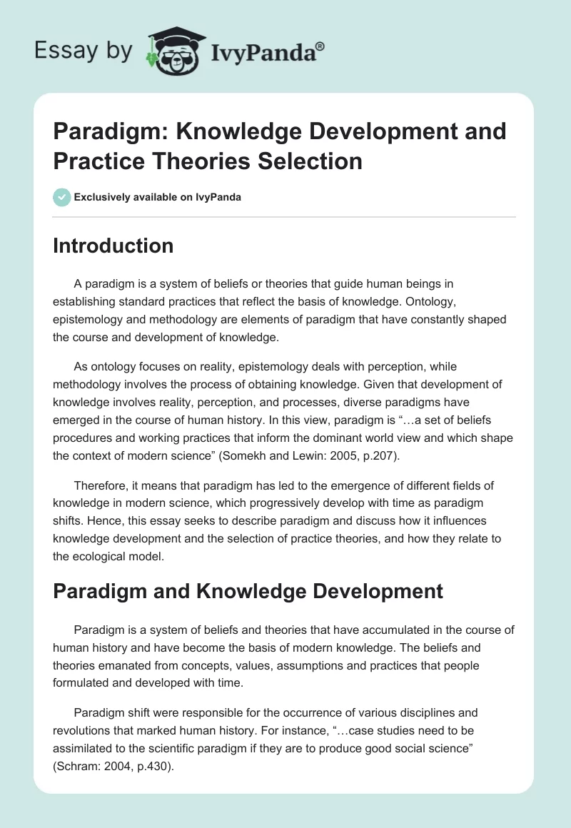 Paradigm: Knowledge Development and Practice Theories Selection. Page 1