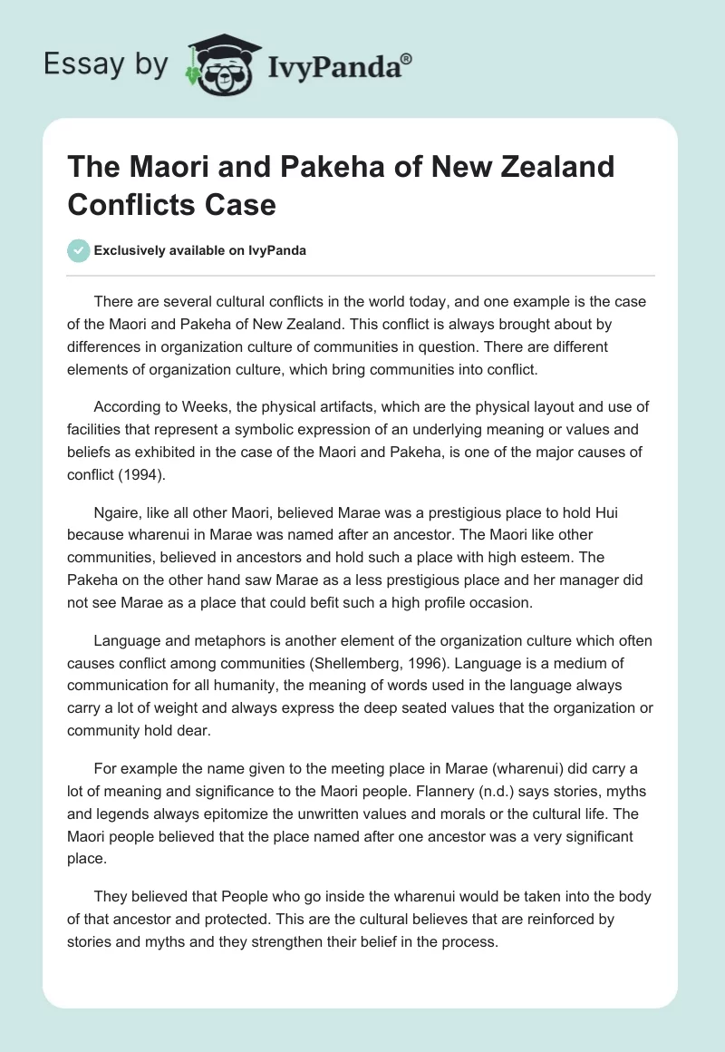 The Maori and Pakeha of New Zealand Conflicts Case. Page 1
