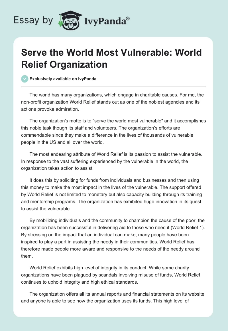 Serve the World Most Vulnerable: World Relief Organization. Page 1
