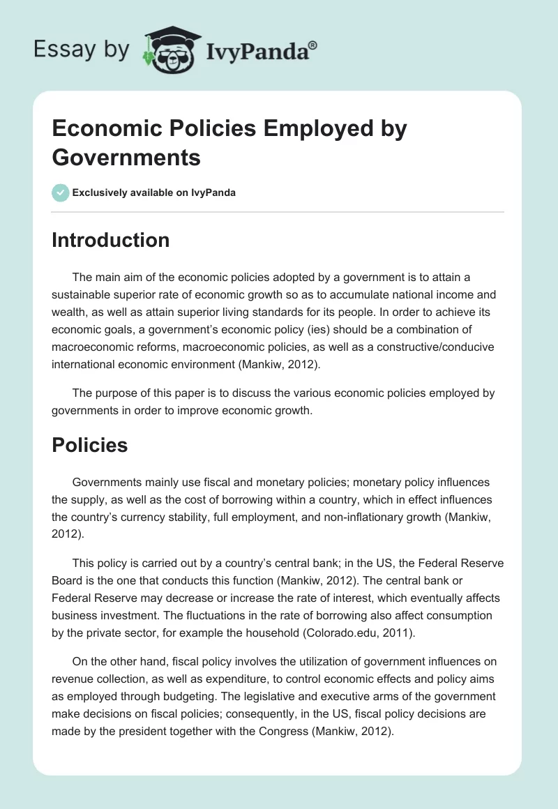 Economic Policies Employed by Governments. Page 1