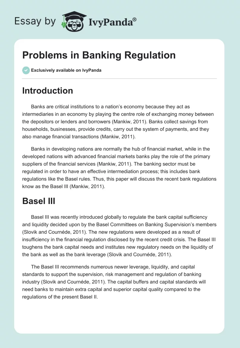 Problems in Banking Regulation. Page 1