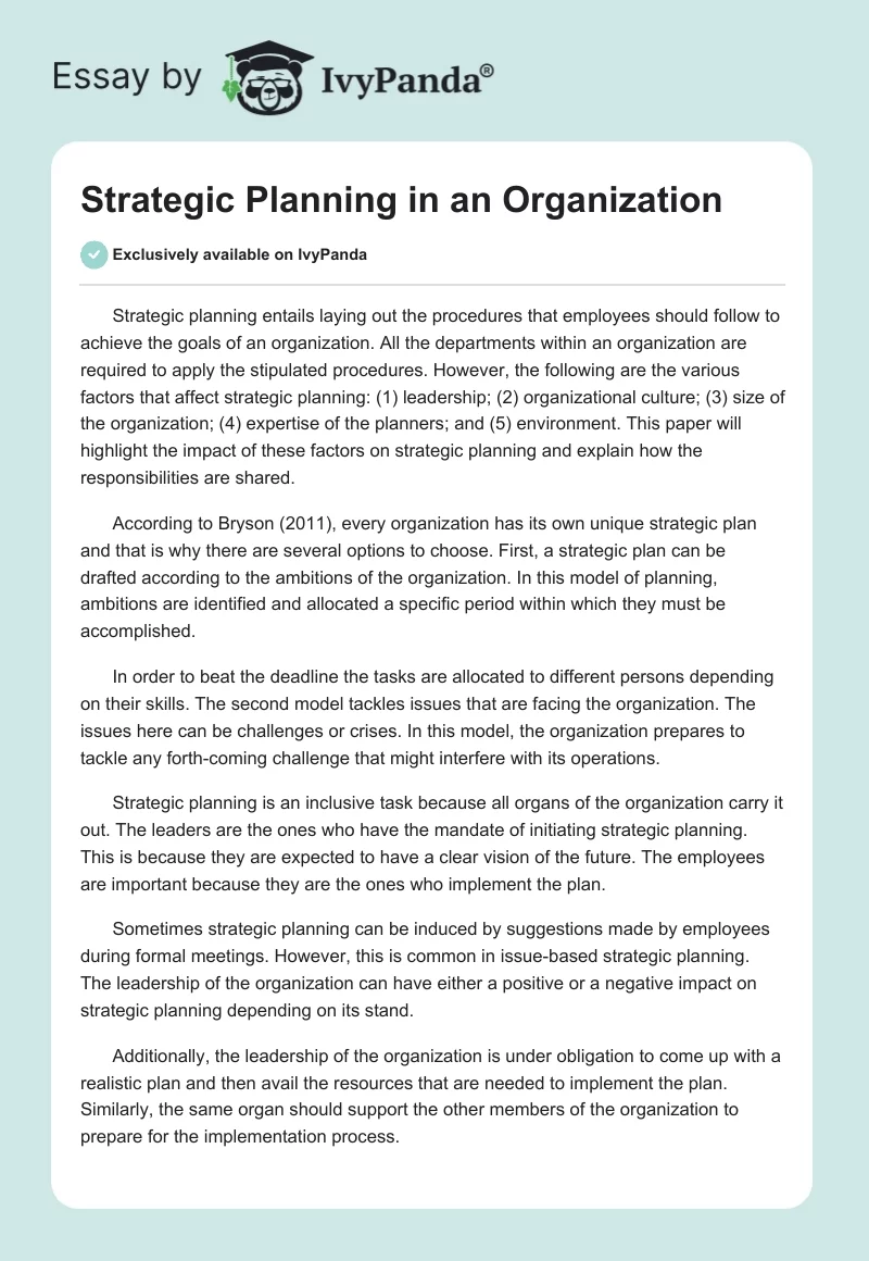 Strategic Planning in an Organization. Page 1