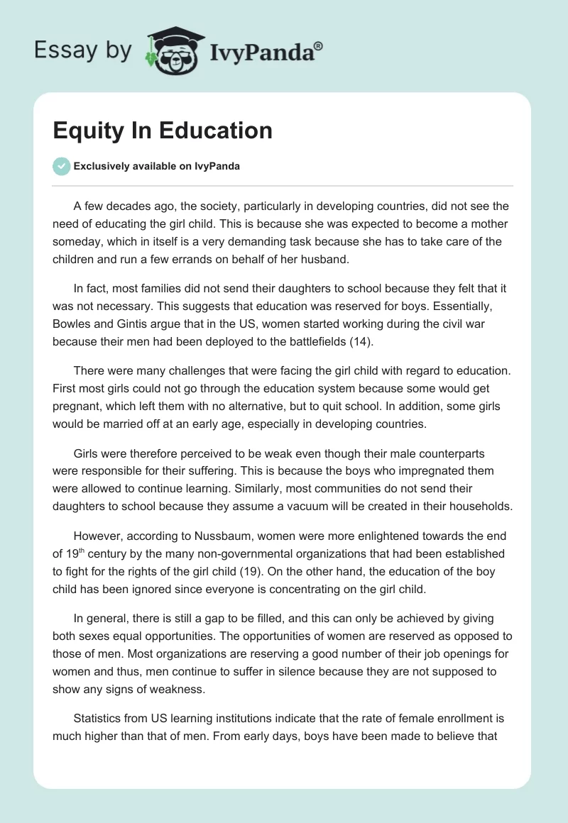 Equity In Education. Page 1