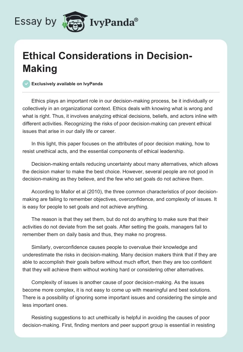 Ethical Considerations in Decision-Making. Page 1