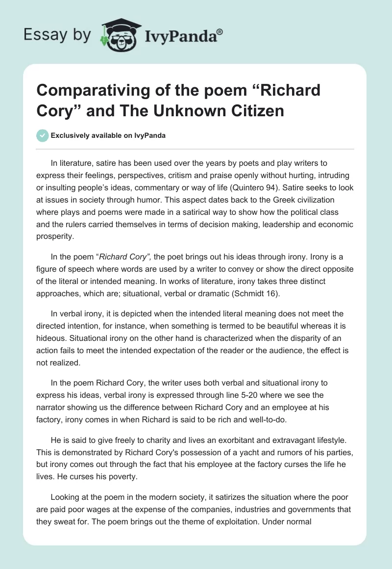 Comparativing of the poem “Richard Cory” and "The Unknown Citizen". Page 1