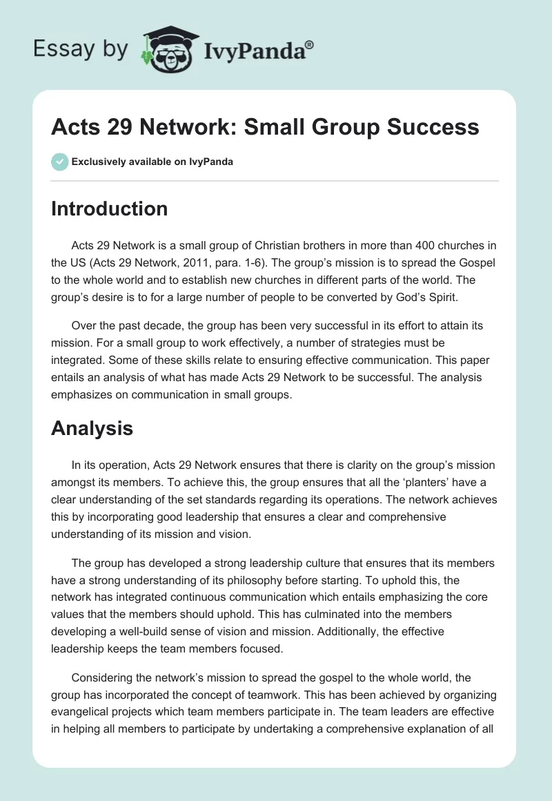 Acts 29 Network: Small Group Success. Page 1