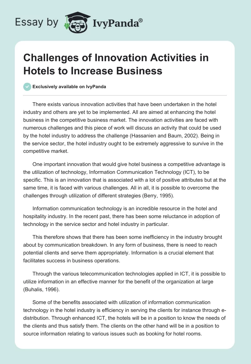 Challenges of Innovation Activities in Hotels to Increase Business. Page 1