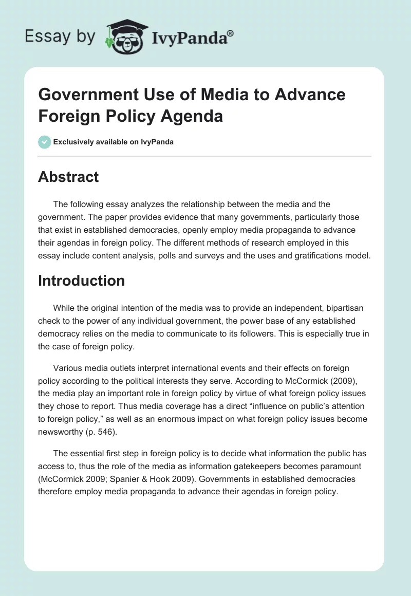 Government Use of Media to Advance Foreign Policy Agenda. Page 1