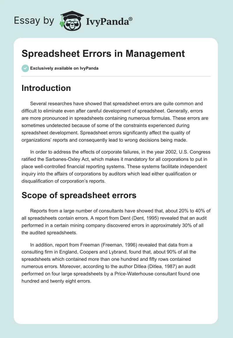 Spreadsheet Errors in Management. Page 1