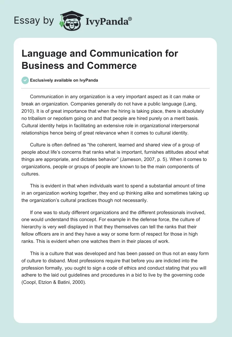 Language and Communication for Business and Commerce. Page 1