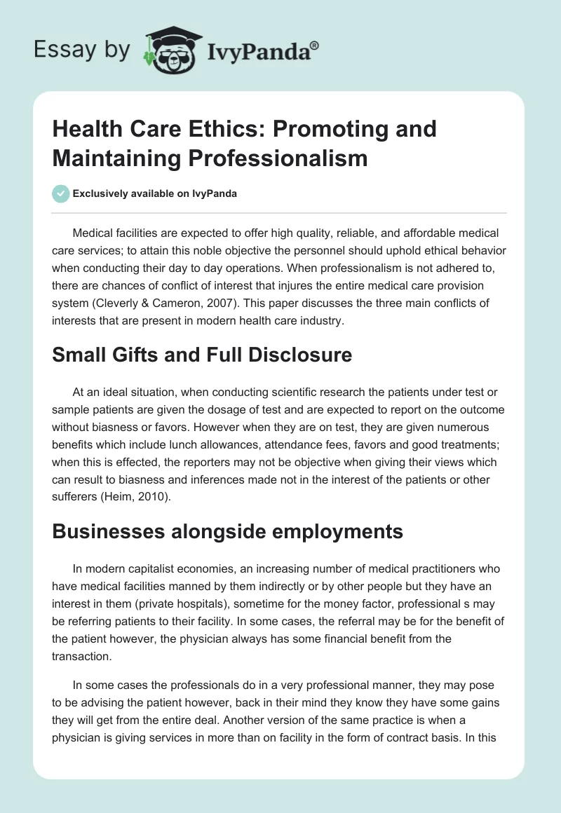 Health Care Ethics: Promoting and Maintaining Professionalism. Page 1