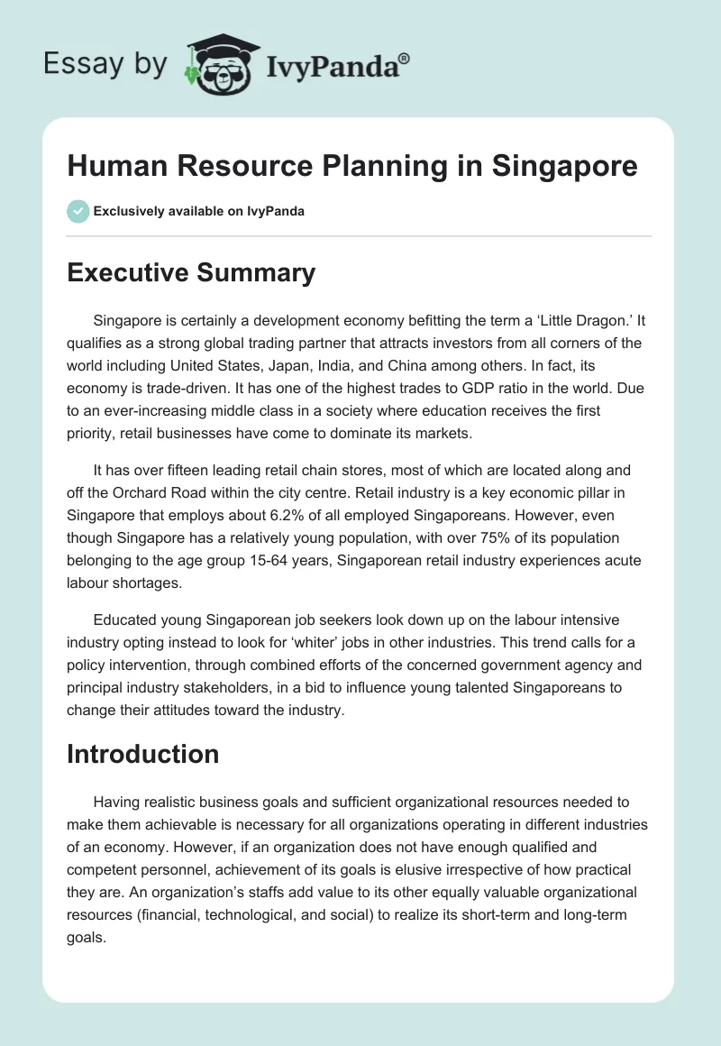 Human Resource Planning in Singapore . Page 1