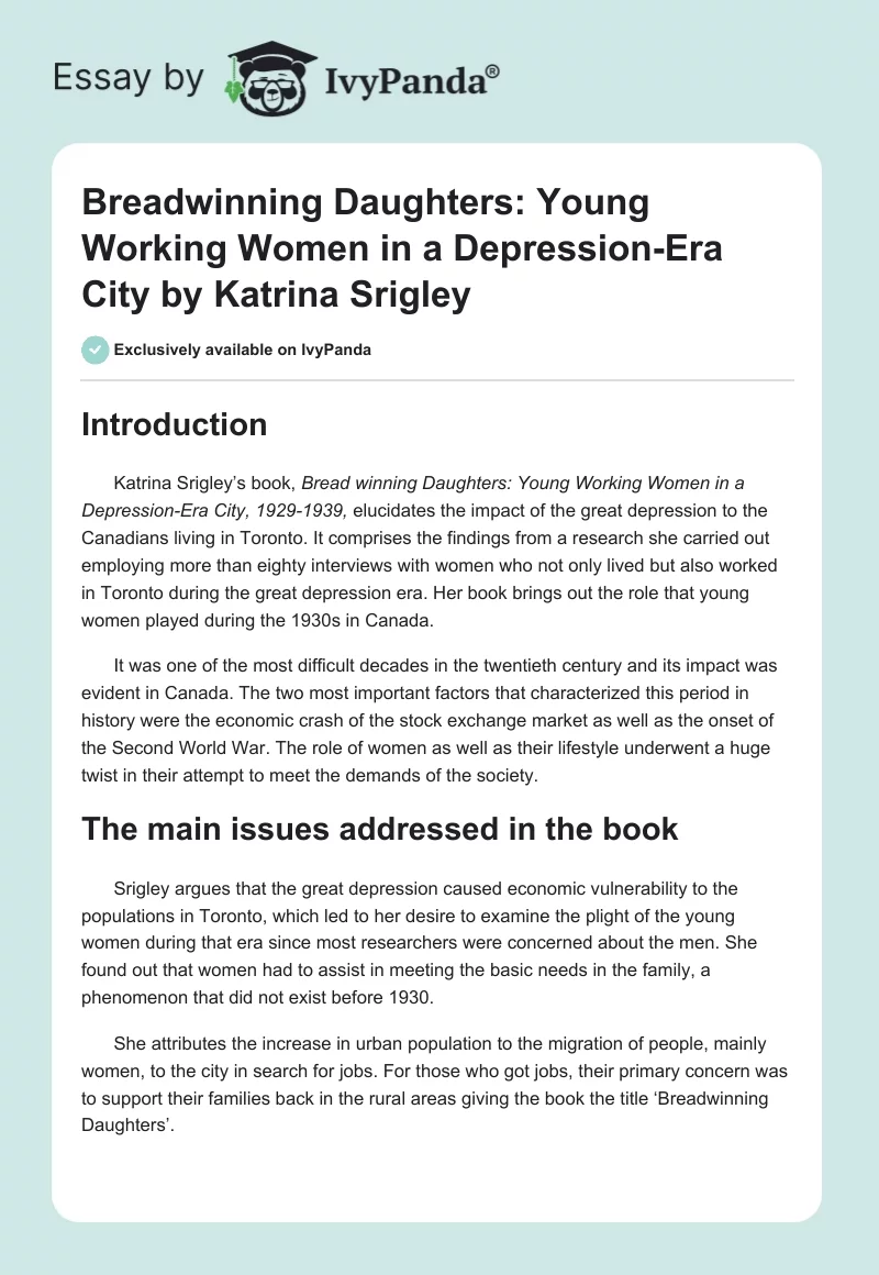"Breadwinning Daughters: Young Working Women in a Depression-Era City" by Katrina Srigley. Page 1