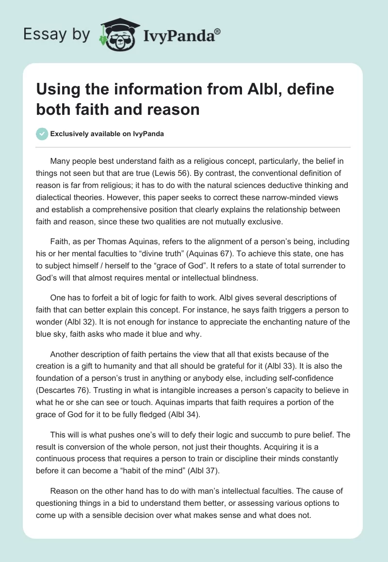 Using the information from Albl, define both faith and reason. Page 1