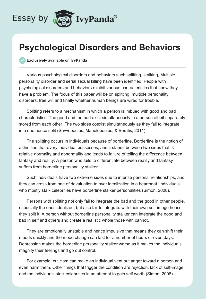 Psychological Disorders and Behaviors. Page 1