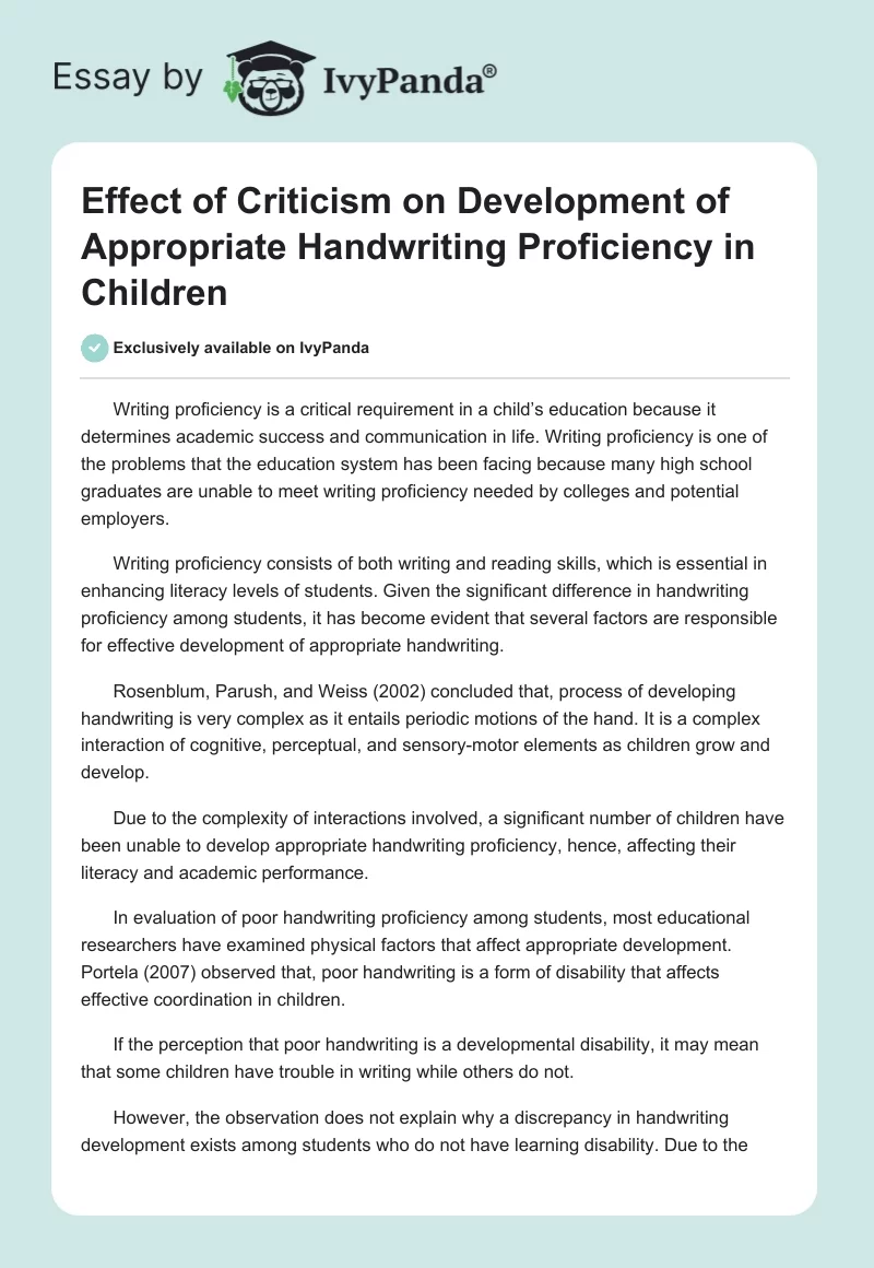 Effect of Criticism on Development of Appropriate Handwriting Proficiency in Children. Page 1