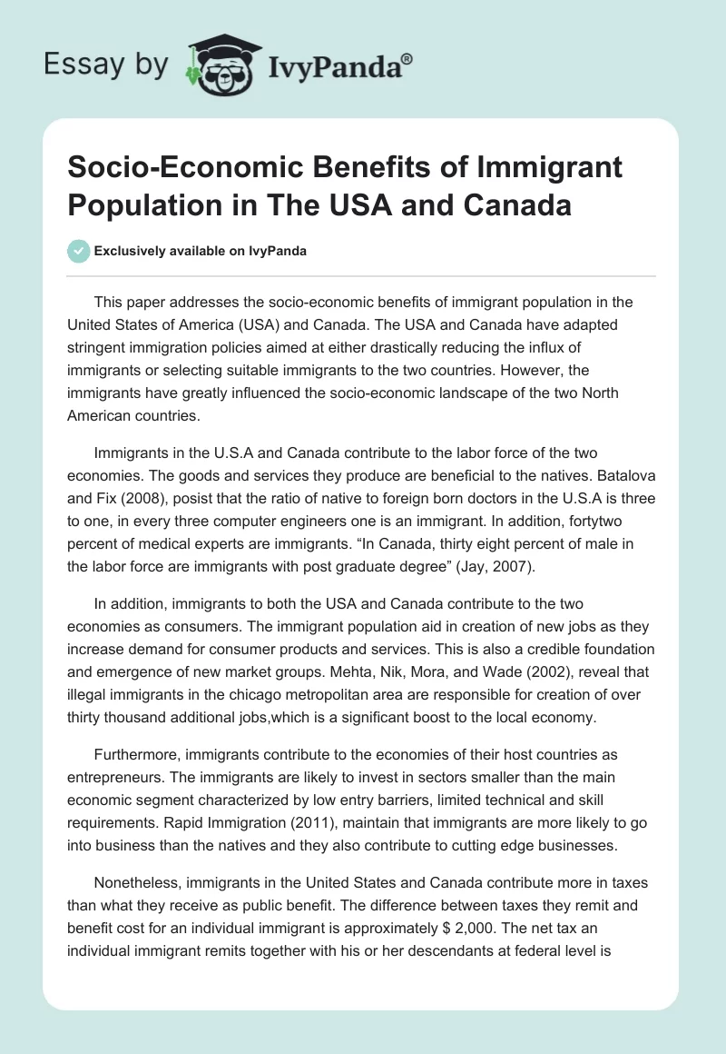 Socio-Economic Benefits of Immigrant Population in the US and Canada. Page 1