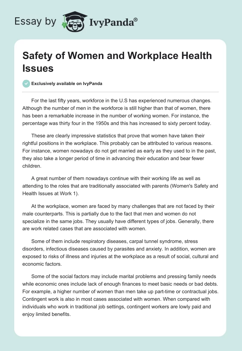 Safety of Women and Workplace Health Issues. Page 1