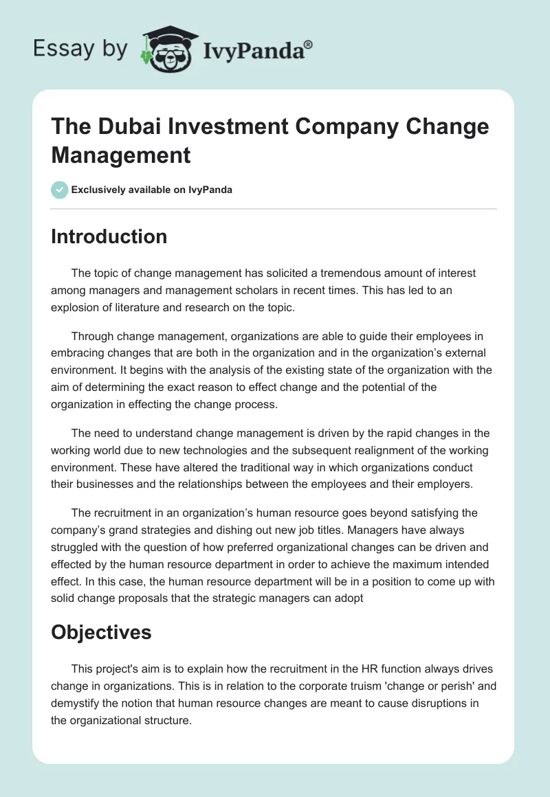 The Dubai Investment Company Change Management. Page 1