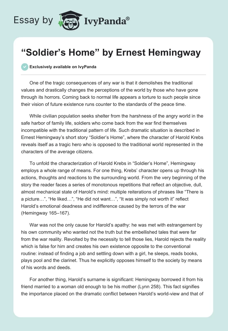 “Soldier’s Home” by Ernest Hemingway. Page 1