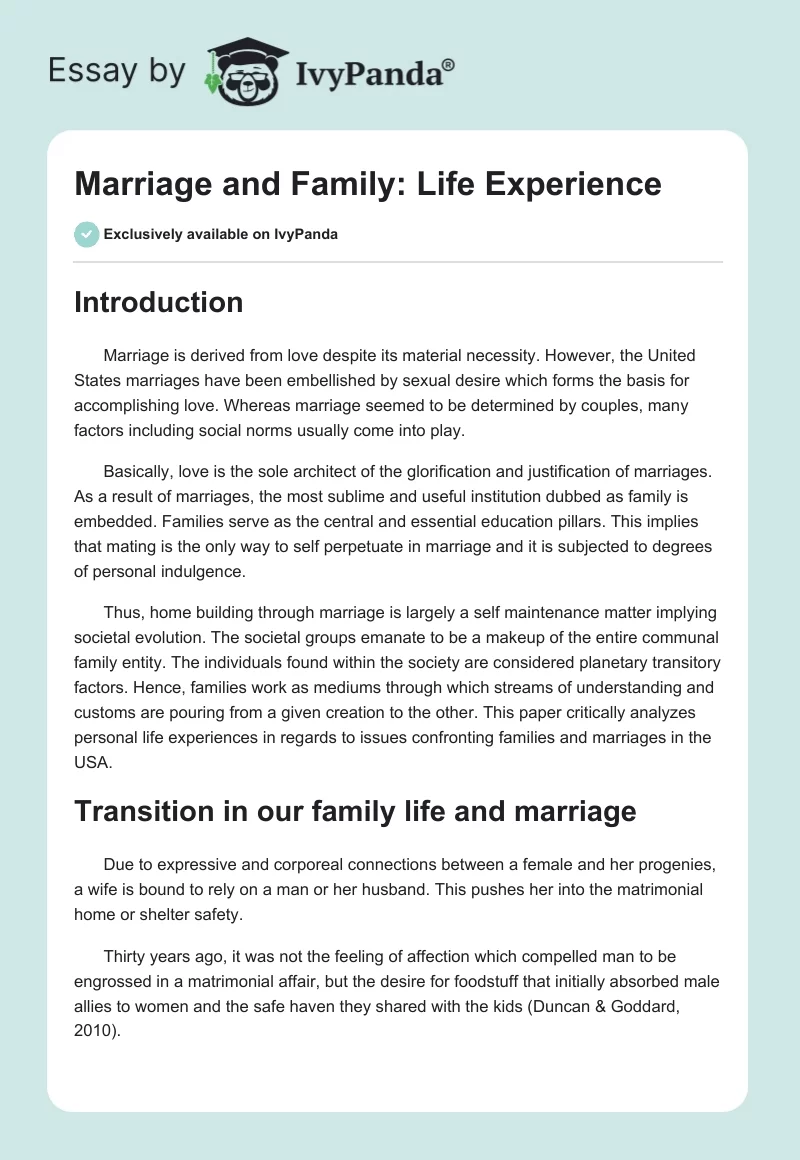 Marriage and Family: Life Experience. Page 1