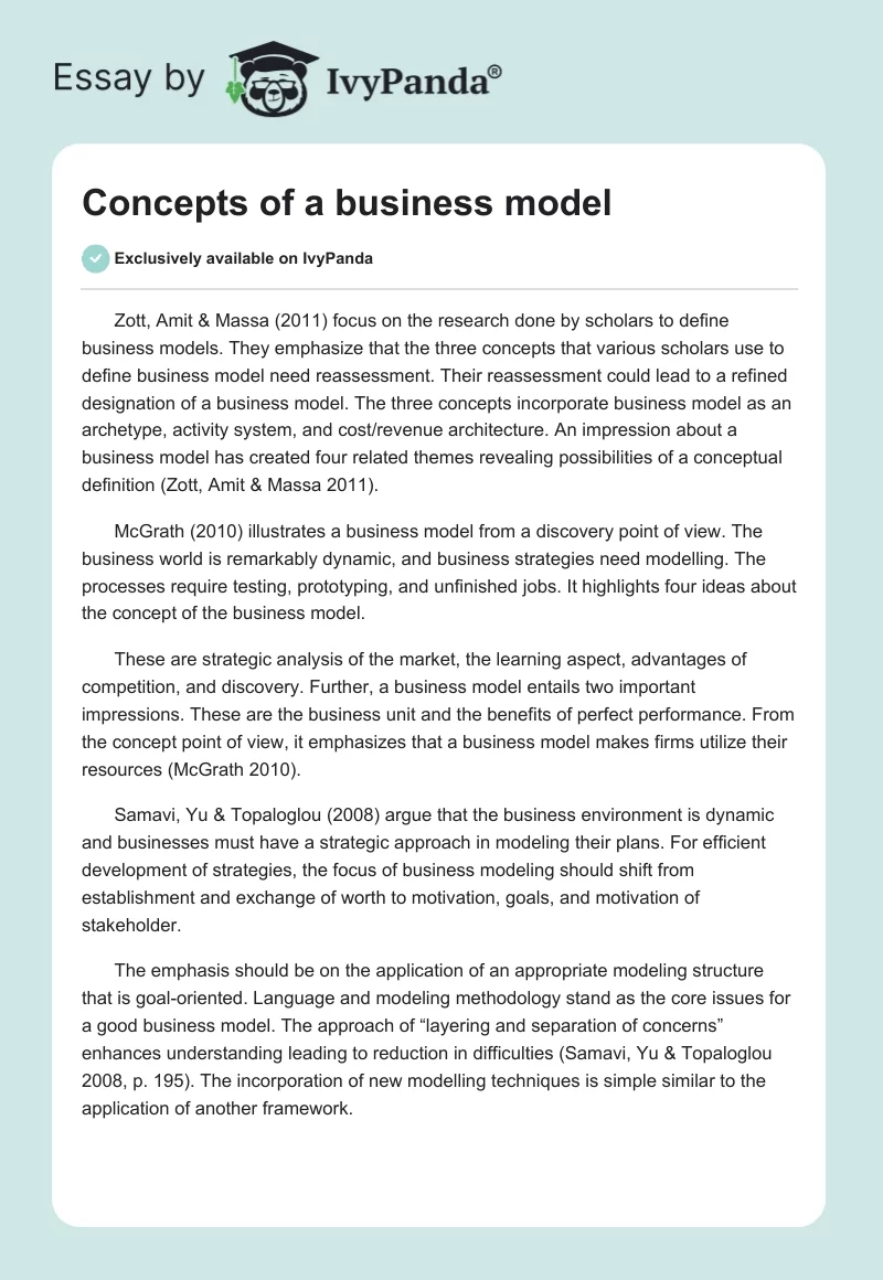 Concepts of a business model. Page 1