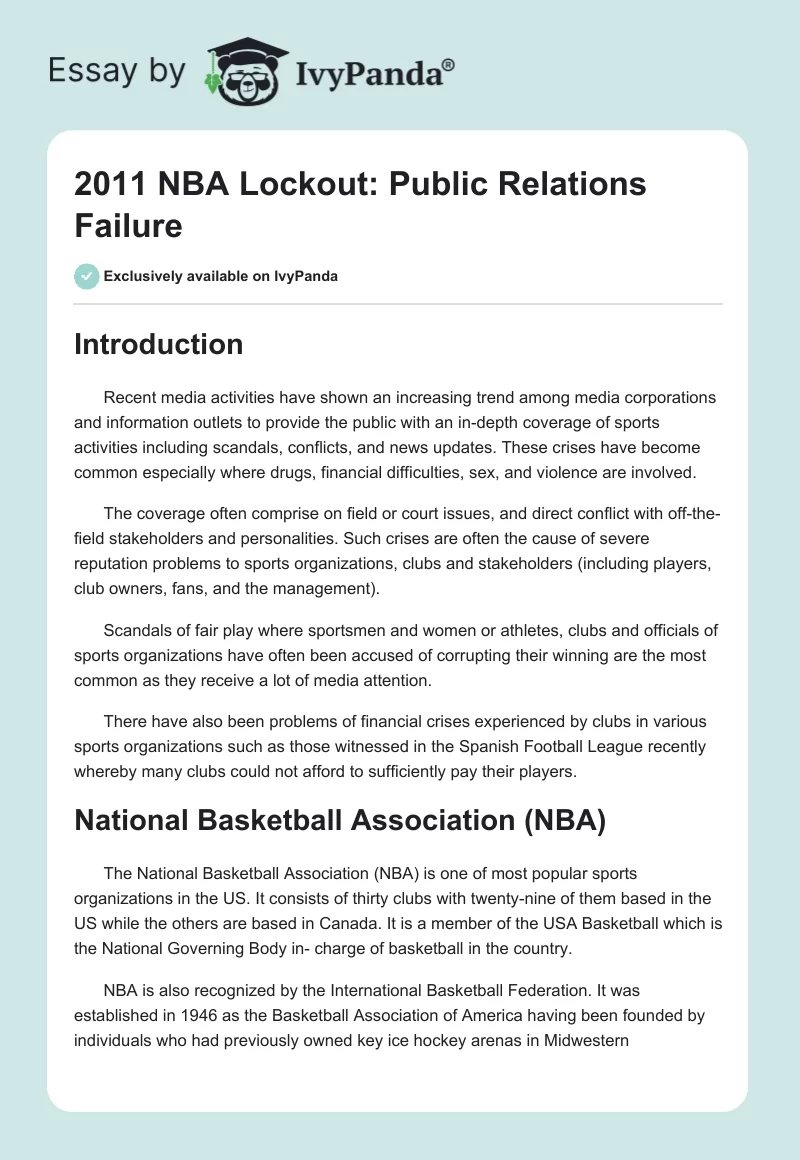 2011 NBA Lockout: Public Relations Failure. Page 1