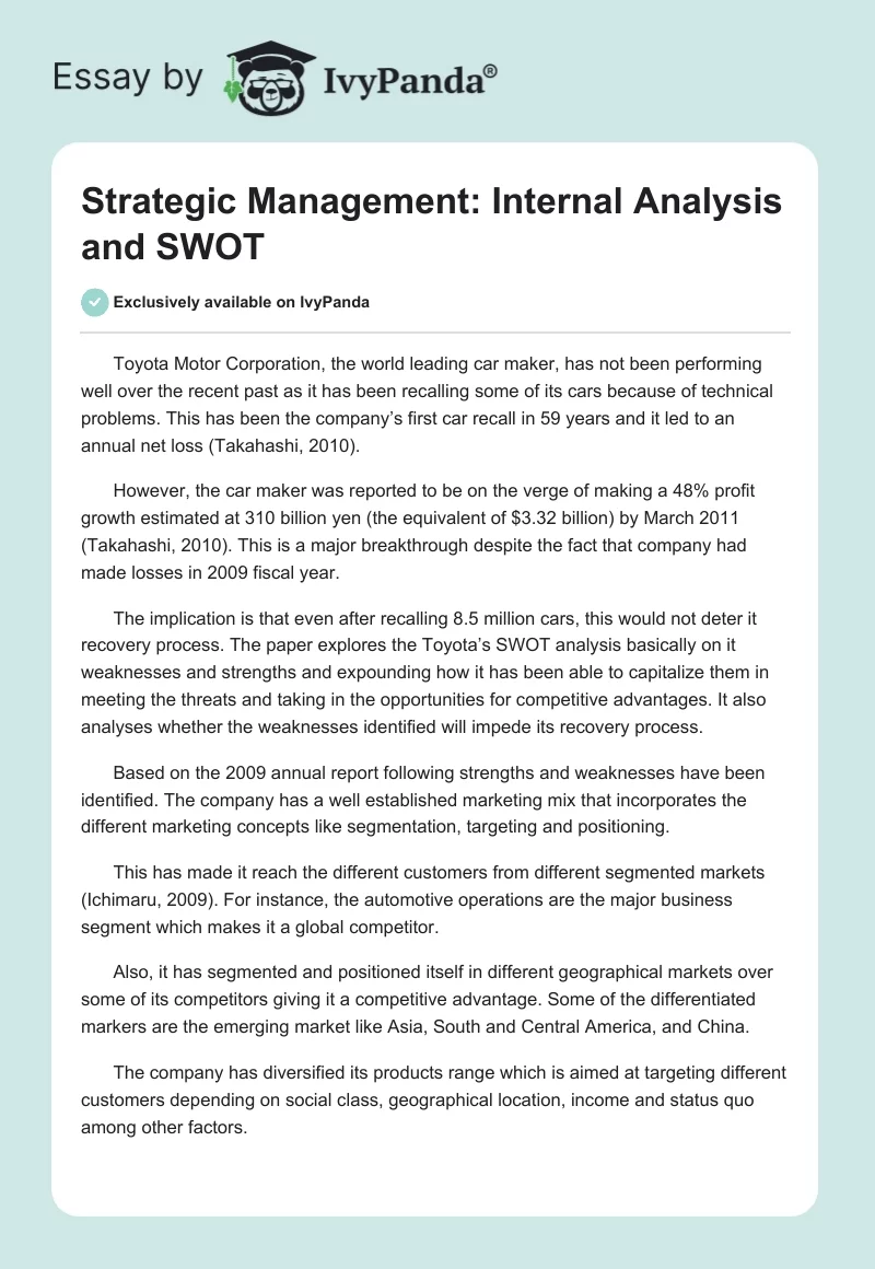 Strategic Management: Internal Analysis and SWOT. Page 1