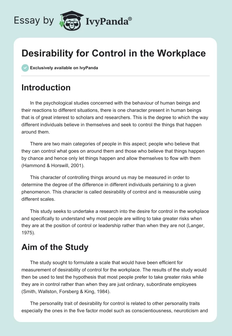 Desirability for Control in the Workplace. Page 1