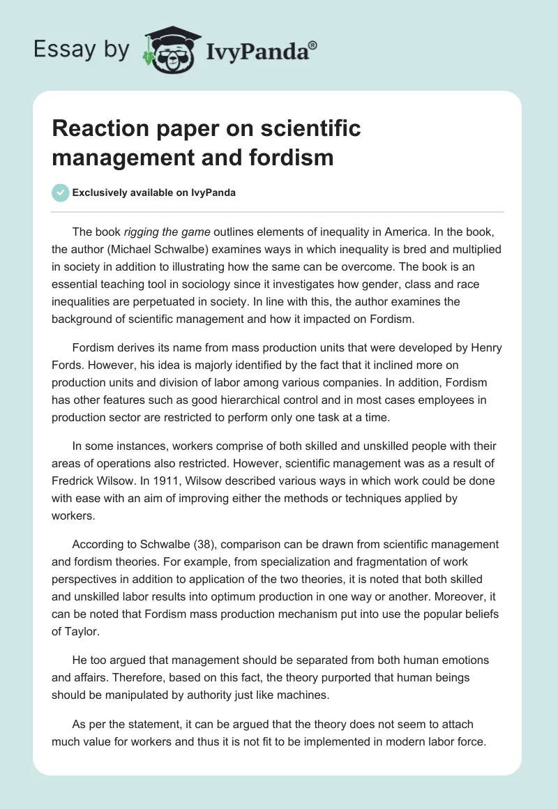 Reaction paper on scientific management and fordism. Page 1