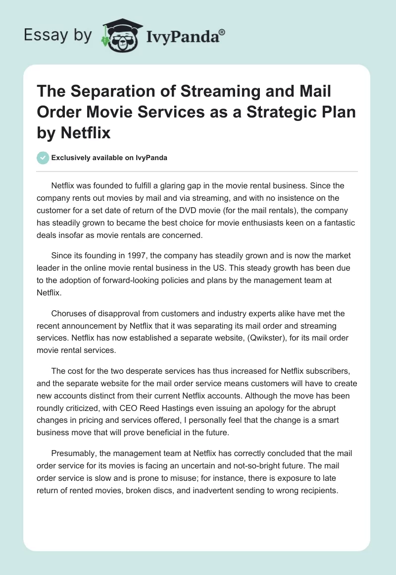 The Separation of Streaming and Mail Order Movie Services as a Strategic Plan by Netflix. Page 1