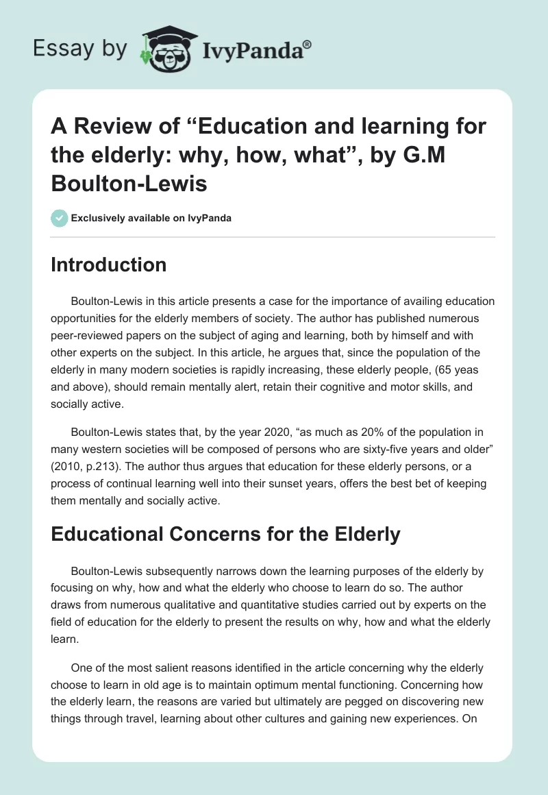 A Review of “Education and learning for the elderly: why, how, what”, by G.M Boulton-Lewis. Page 1