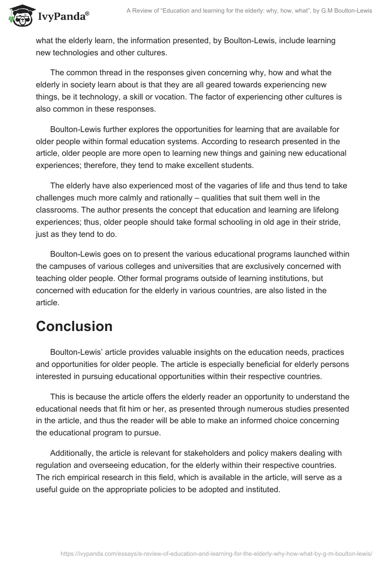 A Review of “Education and learning for the elderly: why, how, what”, by G.M Boulton-Lewis. Page 2