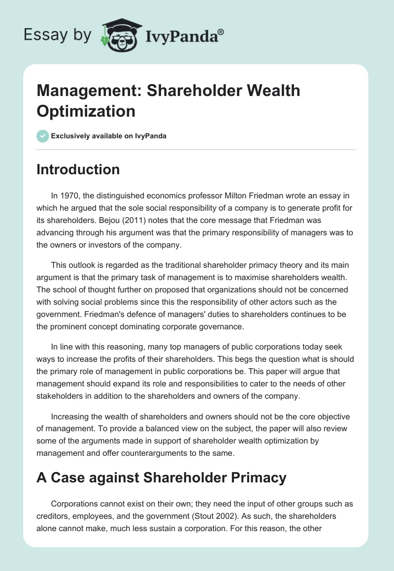 Management: Shareholder Wealth Optimization. Page 1