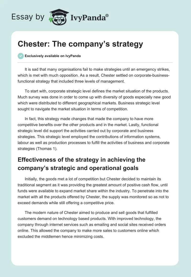 Chester: The Company’s Strategy. Page 1