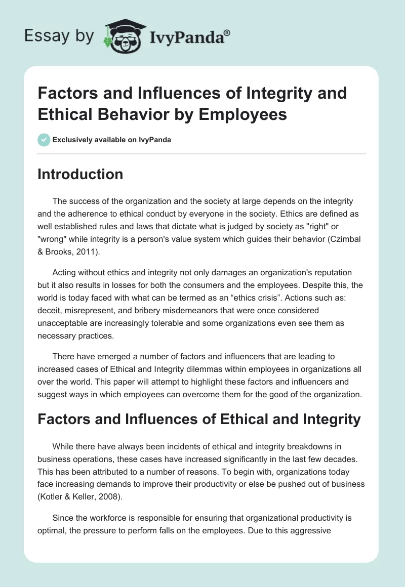 Factors and Influences of Integrity and Ethical Behavior by Employees. Page 1