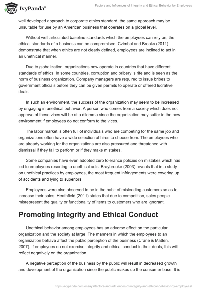 Factors and Influences of Integrity and Ethical Behavior by Employees. Page 3