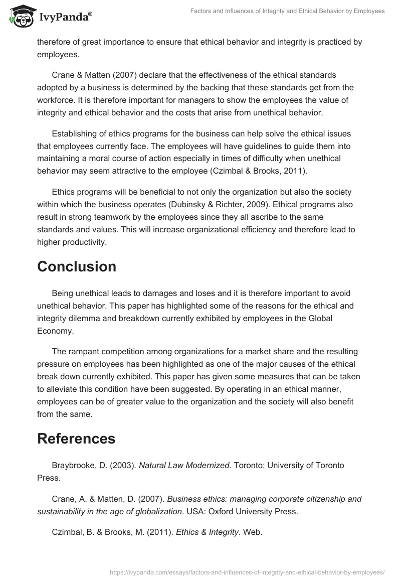 Factors and Influences of Integrity and Ethical Behavior by Employees. Page 4