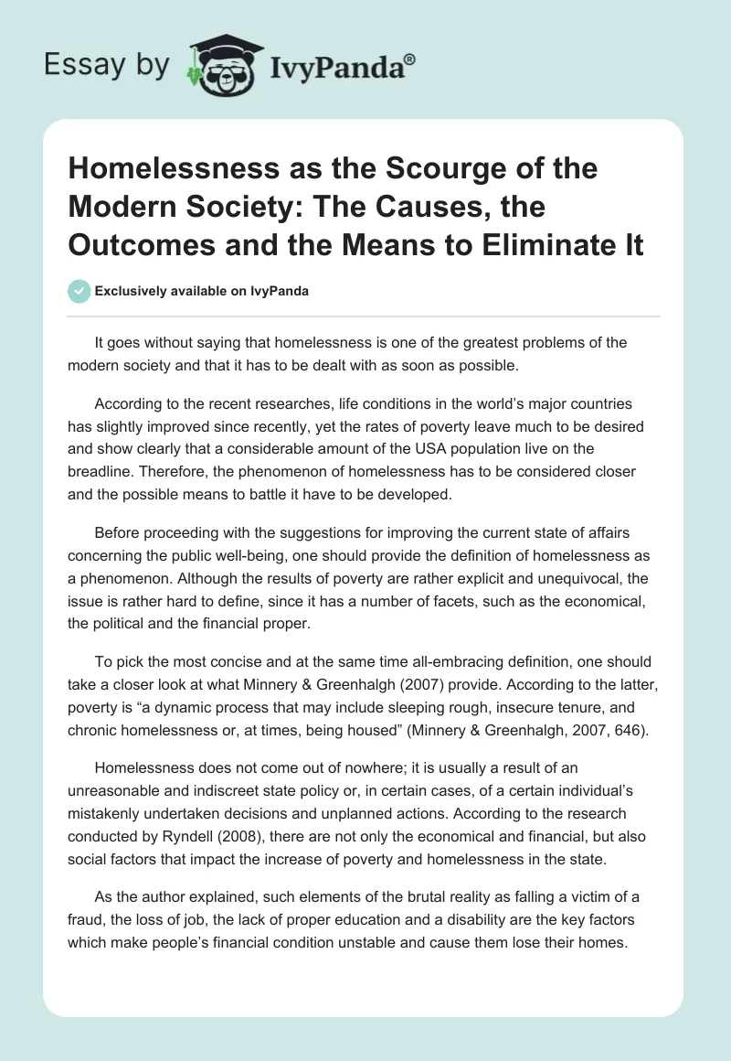 Homelessness as the Scourge of the Modern Society: The Causes, the Outcomes and the Means to Eliminate It. Page 1
