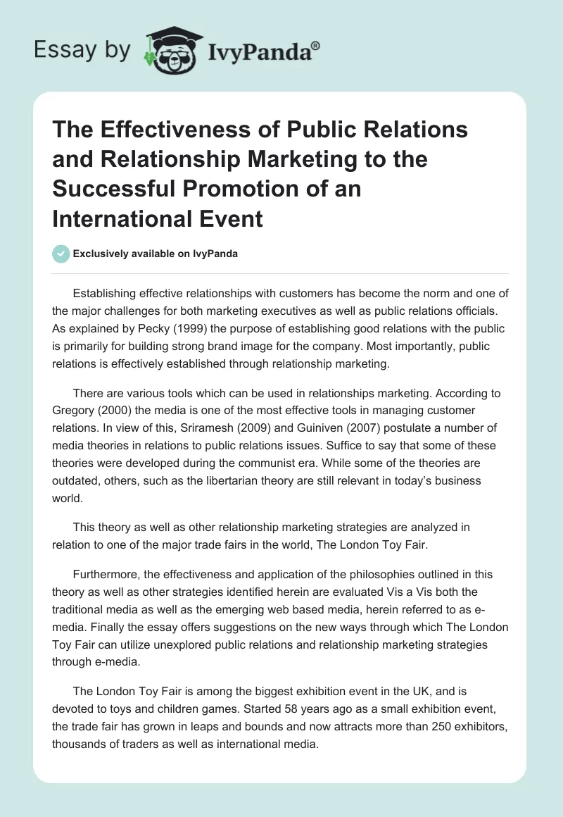 The Effectiveness of Public Relations and Relationship Marketing to the Successful Promotion of an International Event. Page 1