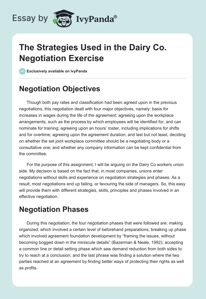 The Strategies Used in the Dairy Co. Negotiation Exercise. Page 1