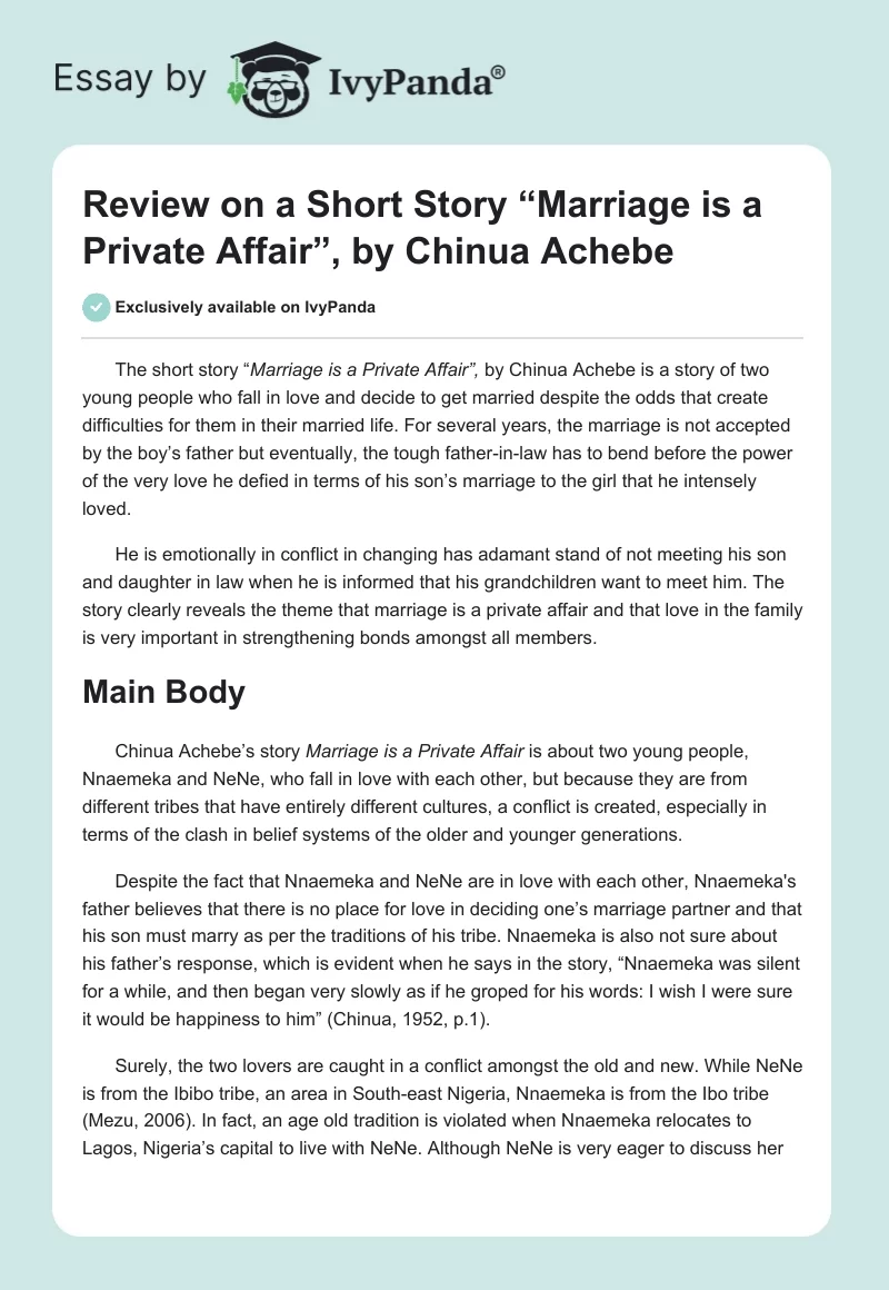 Review on a Short Story “Marriage is a Private Affair”, by Chinua Achebe. Page 1